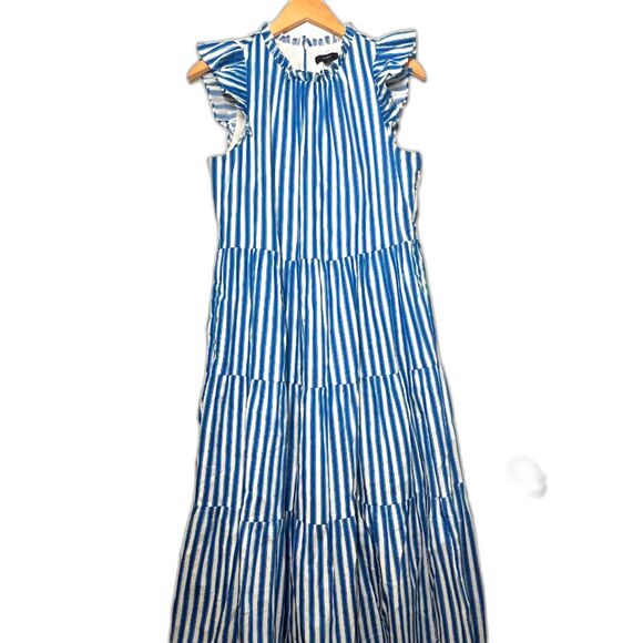 J. Crew Dress Women's Size Medium M Blue White Stripe Tiered cotton dobby midi - Picture 2 of 6